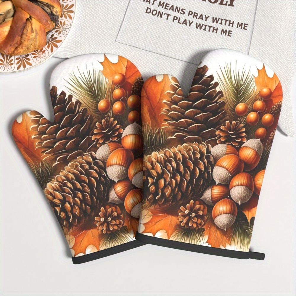 TEMU 2pcs Autumn Pine Cone & Oven Mitts - Heat Resistant Kitchen Gloves For Grilling, Cooking, Baking, Barbecue, Microwave - Festive Thanksgiving