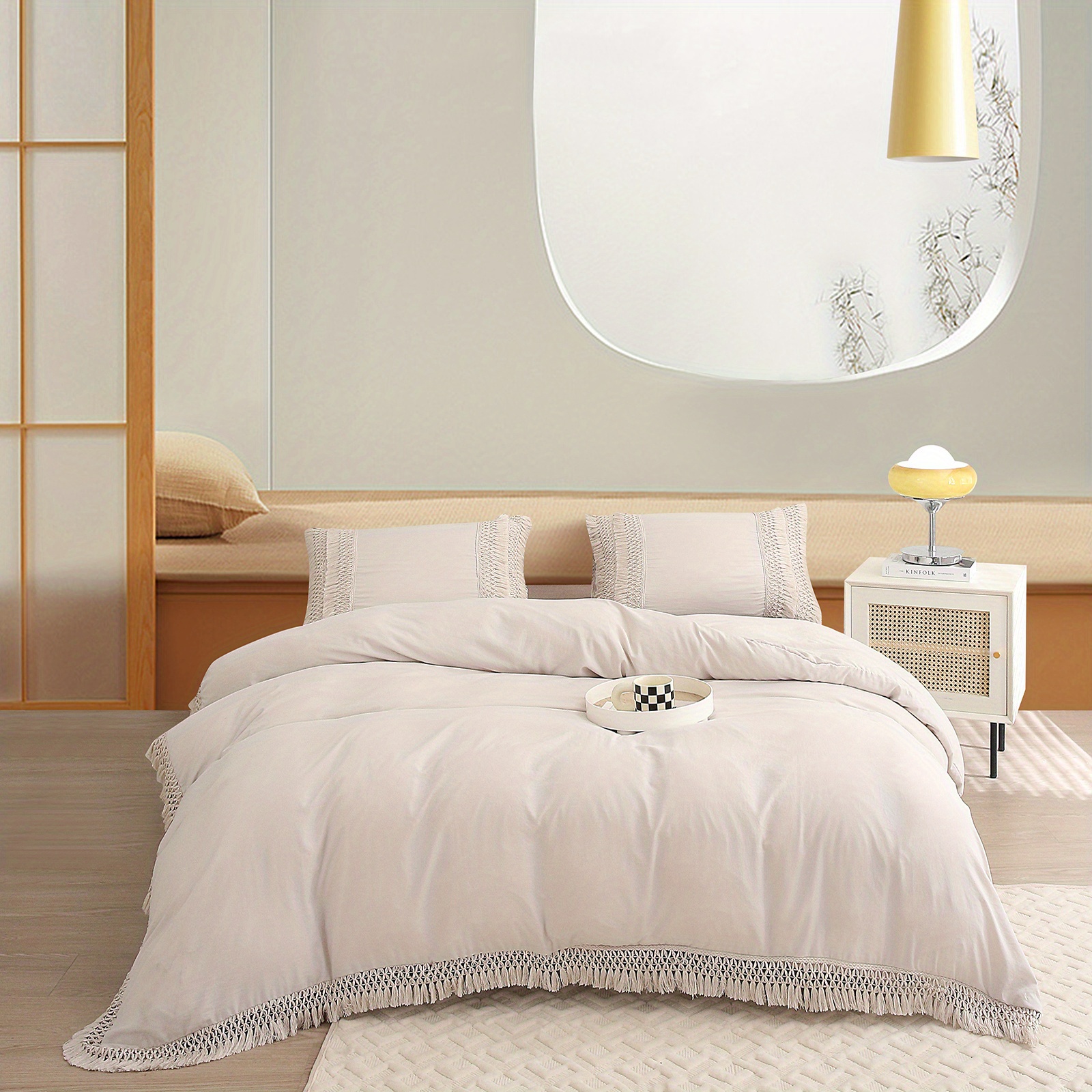 Beige Tassel Bedding Set 3pcs Quilt Cover Boho Solid Duvet Cover Set Burnt Orange Tassel Design With 50x75cm Pillowcases Breathable Ultra Soft Microfibre Bedding Cover