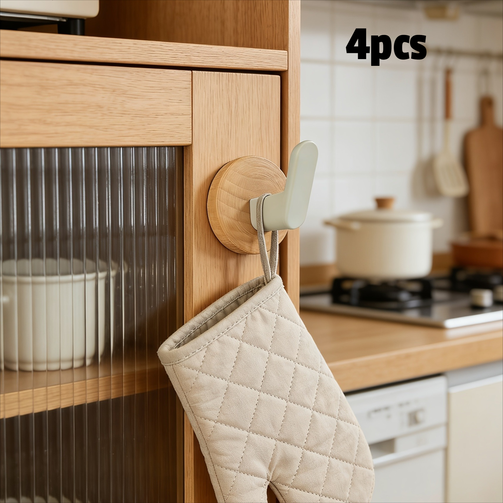 TEMU 4pcs Wood Grain Base Coat Hooks, Punch-free Adhesive Wall Hangers, Heavy Duty Hooks For Bags, Towels And Clothes, Minimalist Home Storage