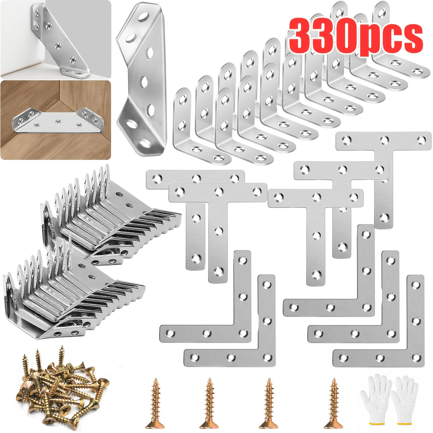 TEMU 330pcs Heavy Duty 304 Stainless Steel Corner Braces Set With 1 Pair White Work Gloves, Reinforced L Brackets Metal Corner Fasteners, Furniture