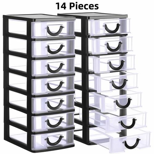 7 14 drawer heavy duty plastic desktop organizer with clear front drawers stackable compact storage system for home office classroom black storage containers for jewelry craft small parts