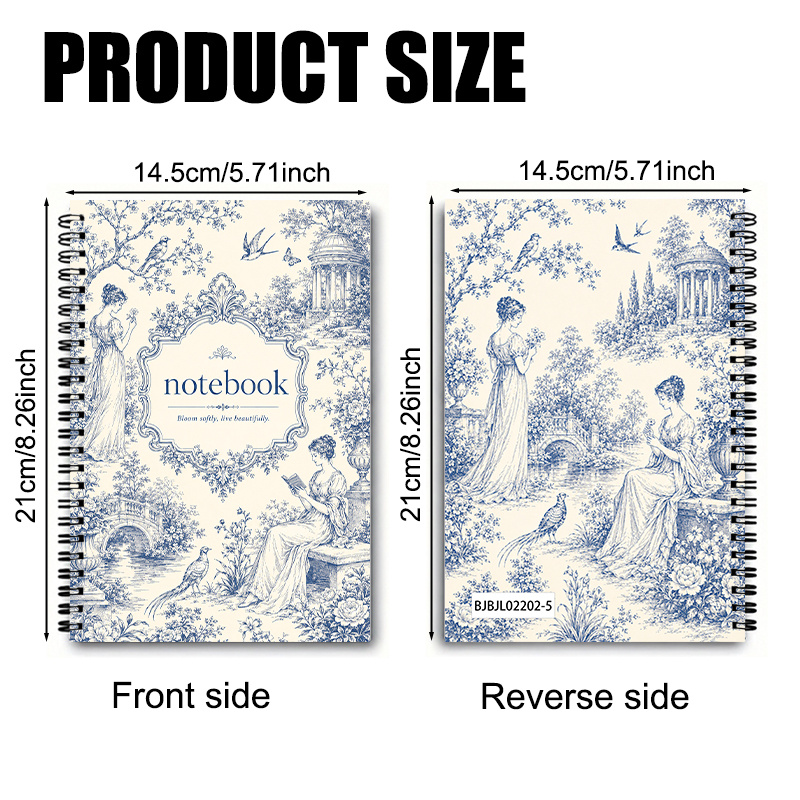 TEMU Vintage Blue-printed Pastoral Floral, Bird, And Figure Spiral Notebook, An Elegant And Notebook For Daily Writing And Recording, Suitable For