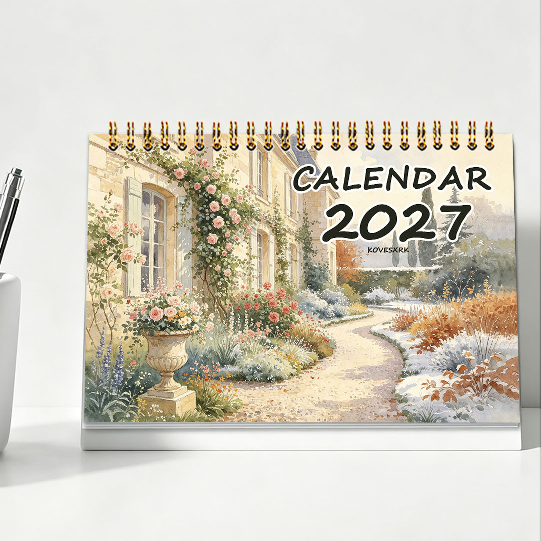 TEMU 1pc Kovesxrk French Country Watercolor Calendar Planner - Monthly View Suitable For Office Desk, Elegant Cover Design With Decor, Housewarming