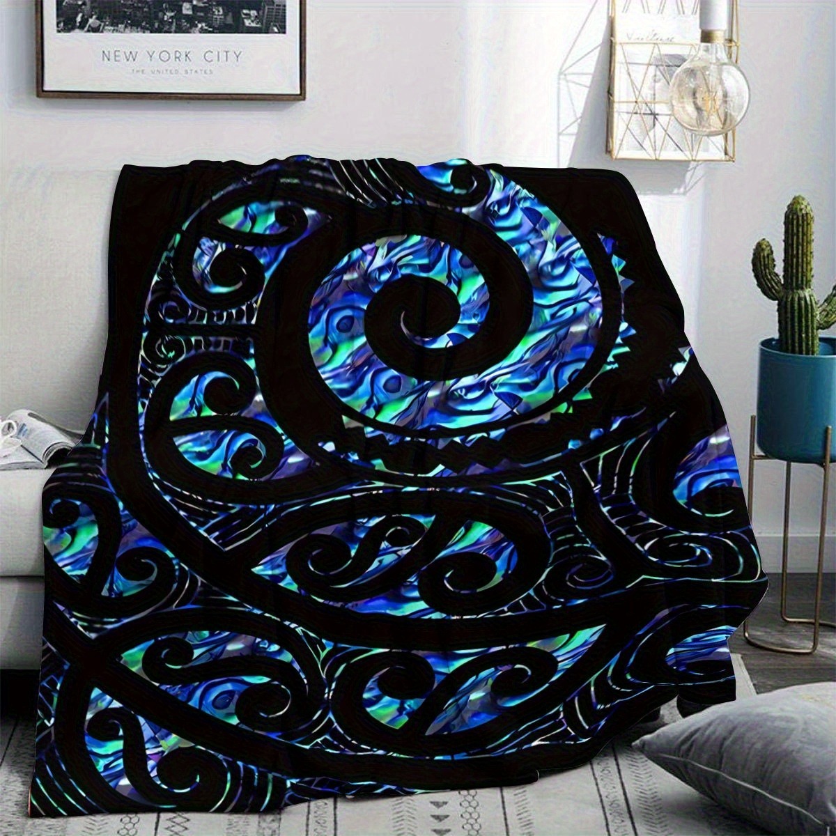 TEMU 1pc New Zealand Maori Koru Spiral Blanket - Authentic Maori Tribal Bedspread With Koru Symbol, Soft Flannel Suitable For Sofa, Camping, Travel,