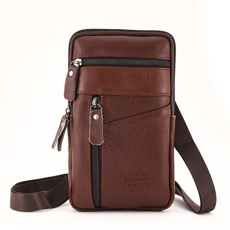 Image of Wixzor Men Cowhide Vertical Belt Phone Waist Bag Multi Zipper Multi Compartment Can Hold Phone Keys Card Holder Outdoor Casual Storage Bag