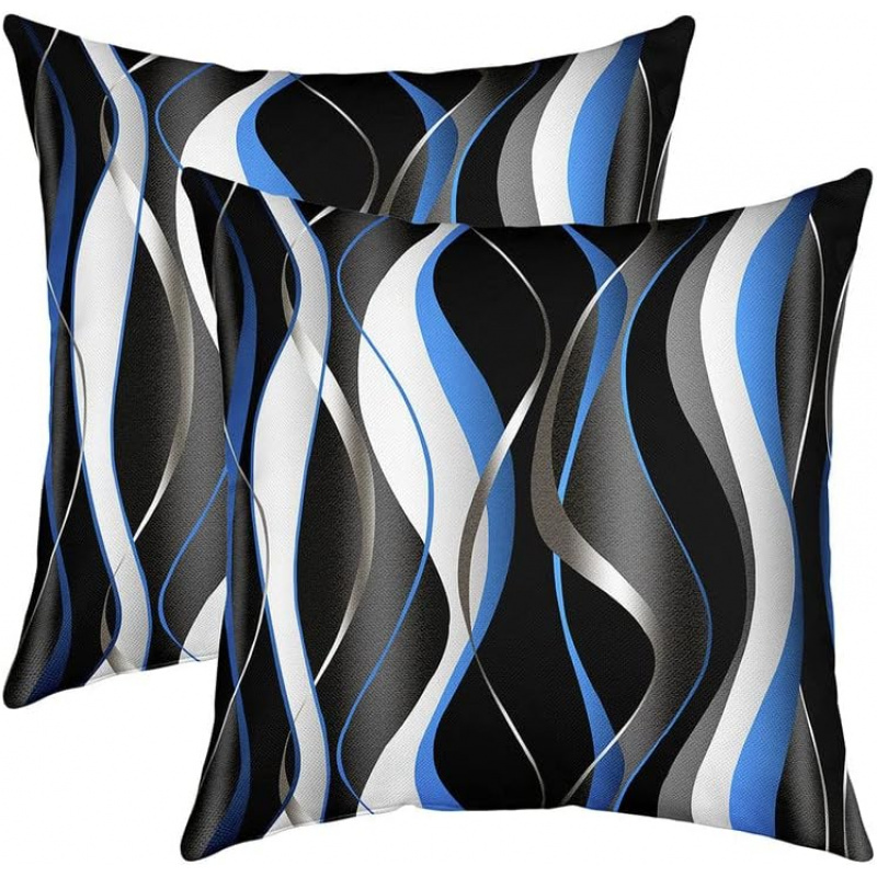 

2pcs Geometric Throw Pillow Covers, 18x18 Inches - Blue, Black & White, Zip Closure, Machine Washable For Living Room, Bedroom, Sofa Decor, Striped, Single-sided