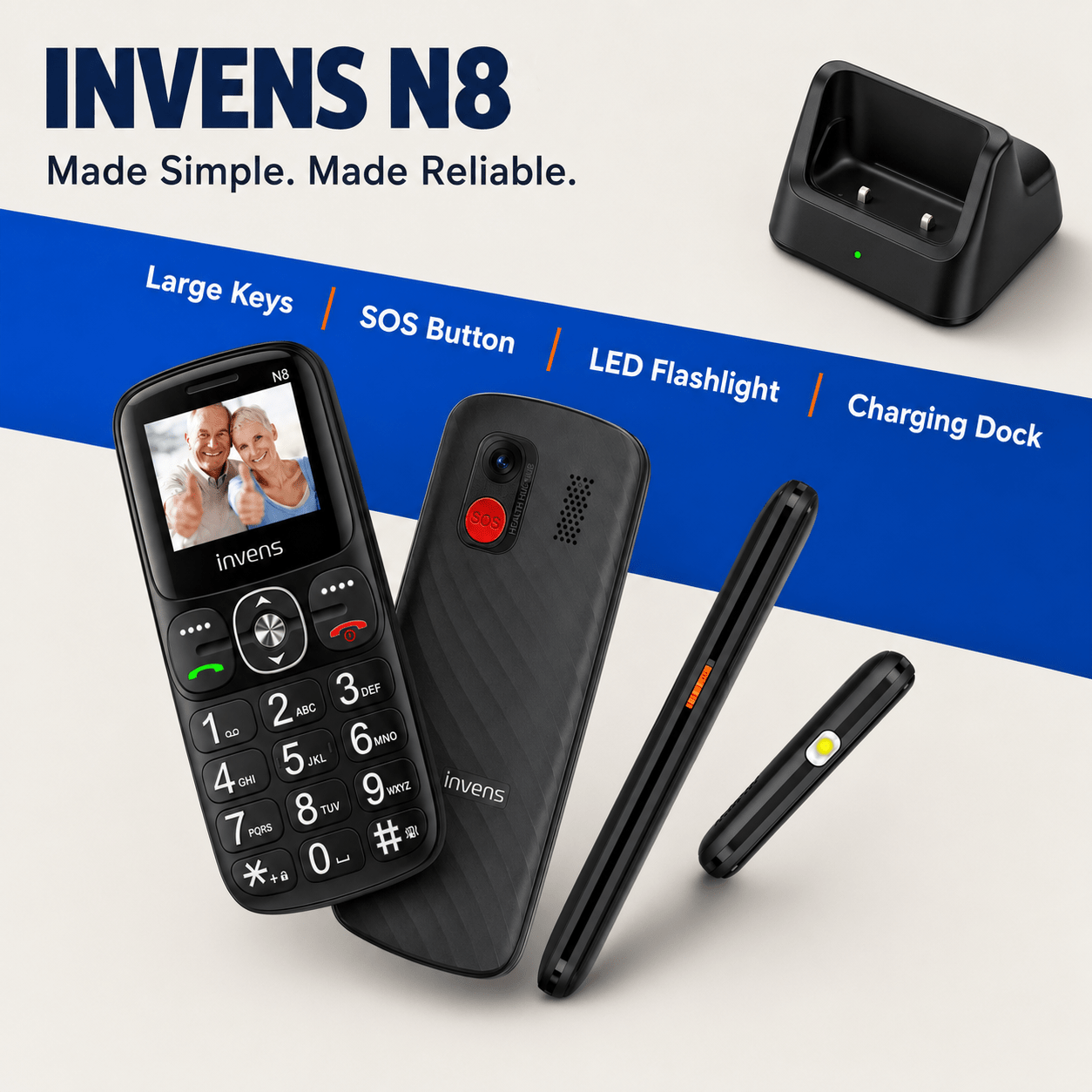 N8 Mobile Phone For Seniors | Large Easy-press Buttons | Charging Dock & Usb-c Port | Torch Key | | Simple Everyday Phone