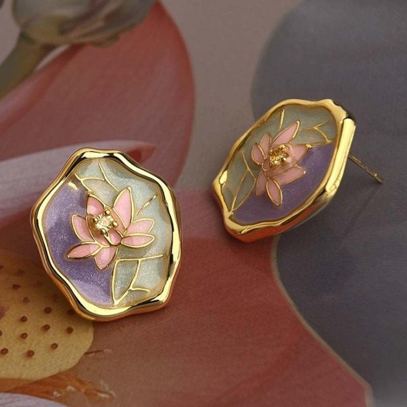 Exquisite Multicolor Enamel Lotus Flower Stud Earrings