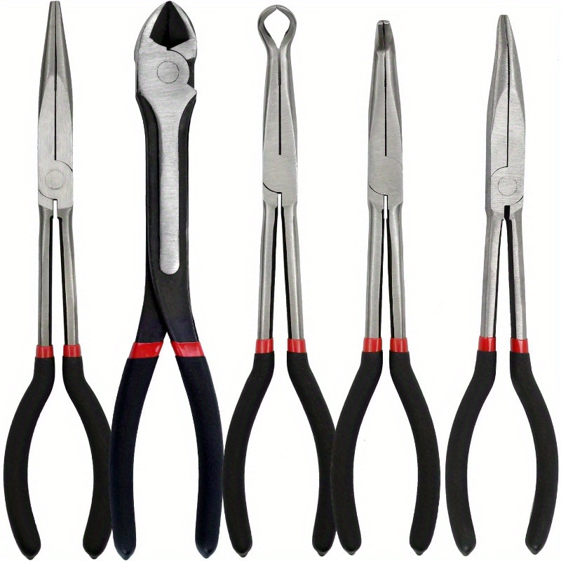 TEMU 5pcs 11" Extra Long Needle Nose Pliers Set With Insulated , Straight Long Reach Pliers, 45/ 90&deg;bent Nose Pliers, Diagonal Pliers For Bending Shaping Trimming In Narrow Spaces