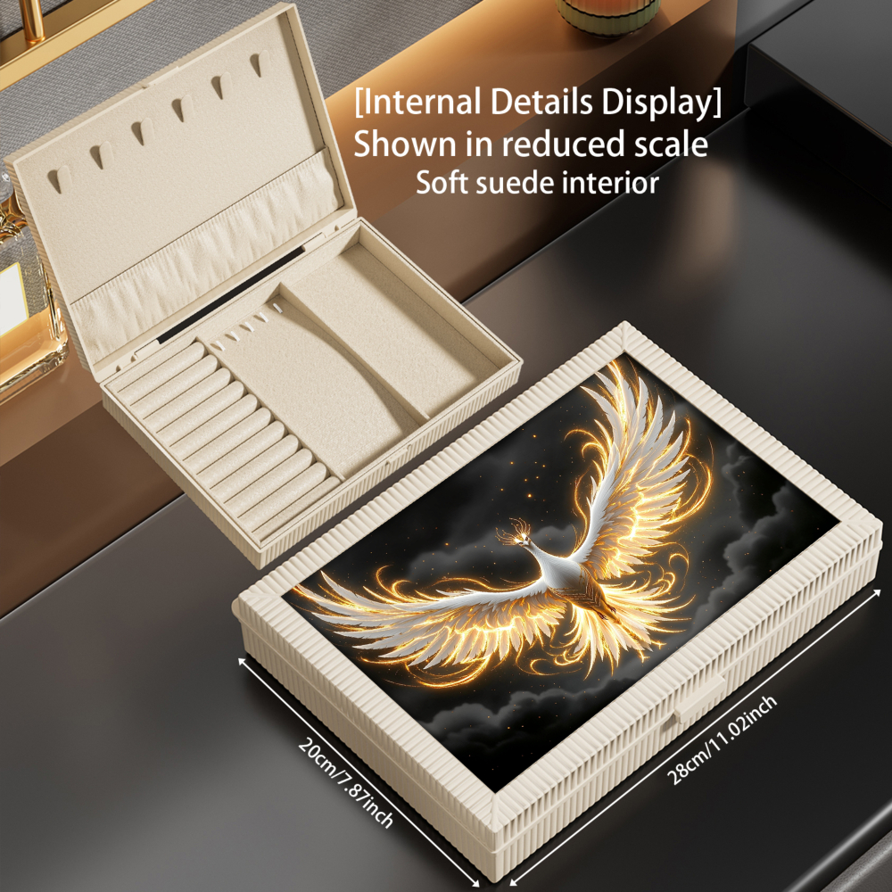 Golden Phoenix Pattern Print Velvet Jewelry Box, Elegant Storage