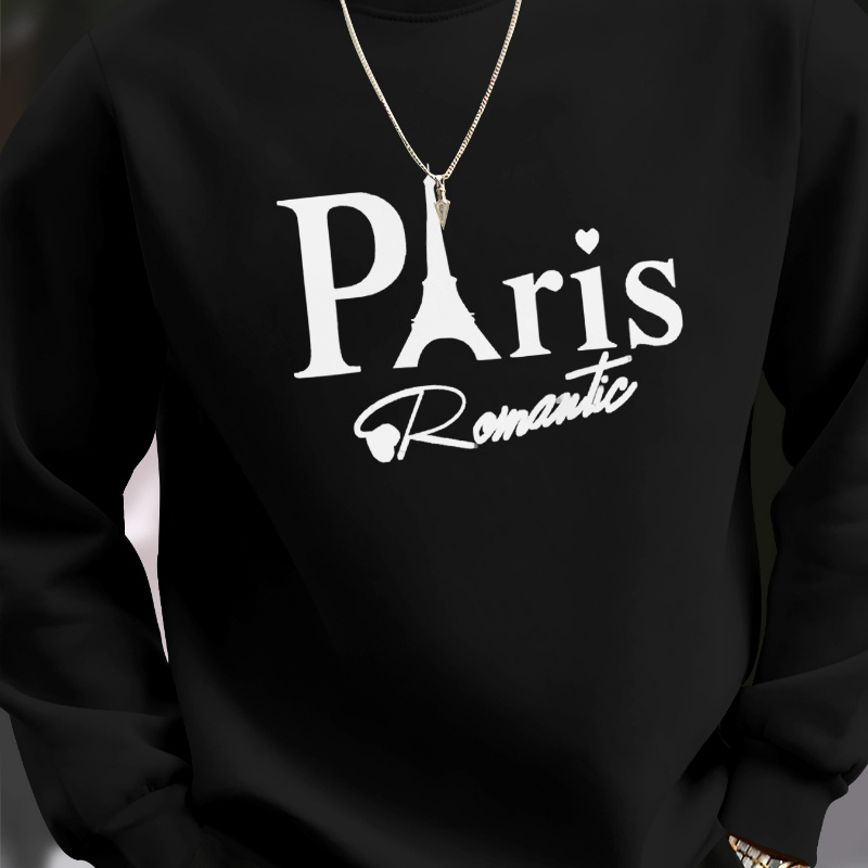 

Paris Romantic" Men' Crew Neck Sweatshirt - Casual & Sporty With Print, 100% Polyester, Machine Washable - Stylish Fall & Winter Streetwear