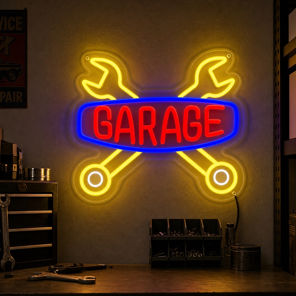 Image of Garage Neon Sign For Wall Decor, Red Letter Led Neon Light With Border And Lemon Yellow Wrenches, Room Decor For Auto Workshop, Home Bar, Game Room, Lounge, And Party Backdrop