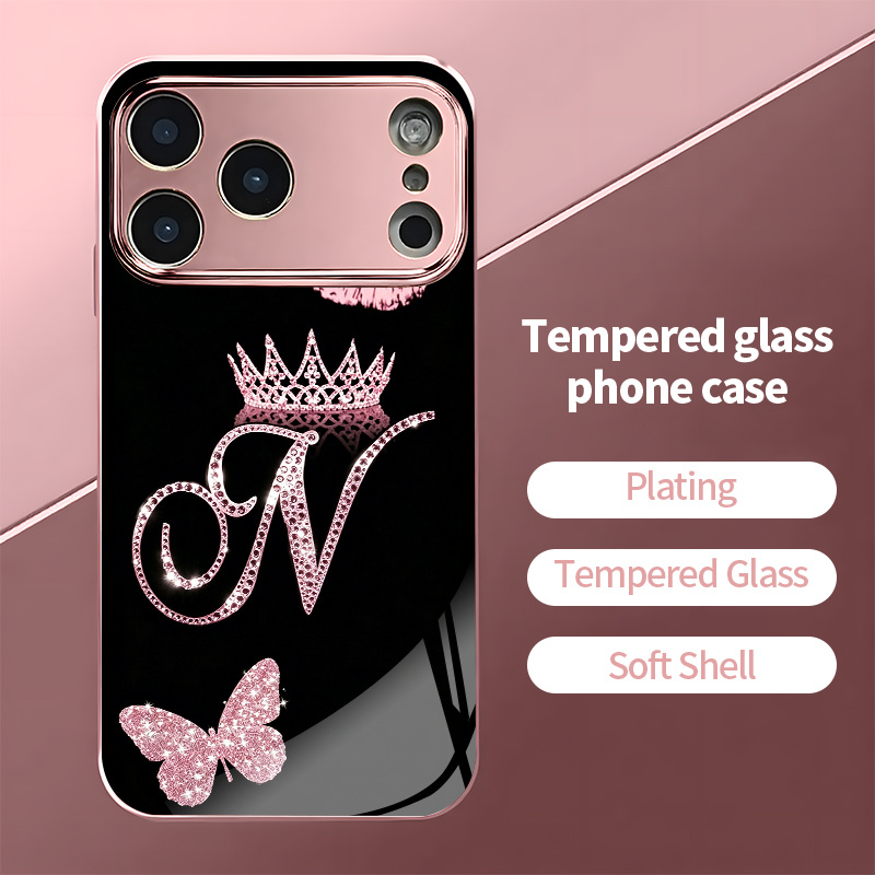 TEMU Phone Case - Black Crown Letter N Background 2d Pattern, Luxurious Pink Electroplated Phone Case For Iphone 17 16 15 14 13 12 11 X Xs Xr 7 8 Pro