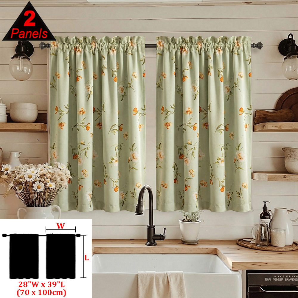 TEMU 2pcs Set: Blackout Kitchen Curtains With A Light Pea And Warm Orange Tulip Pattern, With A Pair Of Small Curtains. Features Exquisite Pattern