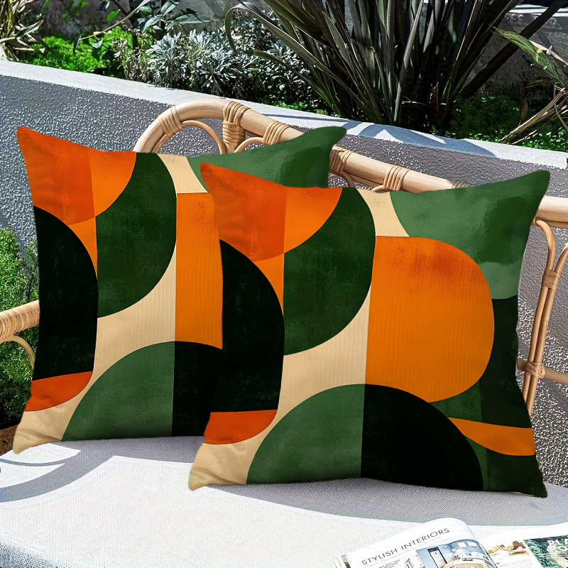 TEMU 2pcs, Retro Geometric Abstract Style Pillow Covers, Short Plush, Geometric With Of Dark Green And Semi-circles, Smooth Lines, Single-sided