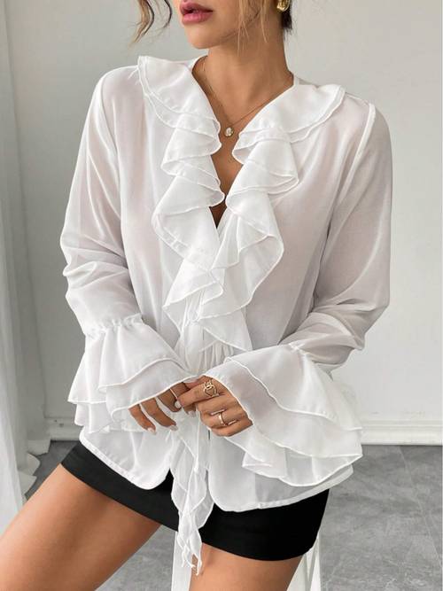 damen-shirt-top in übergröße, elegant mit rüschenbesatz rückenbindung