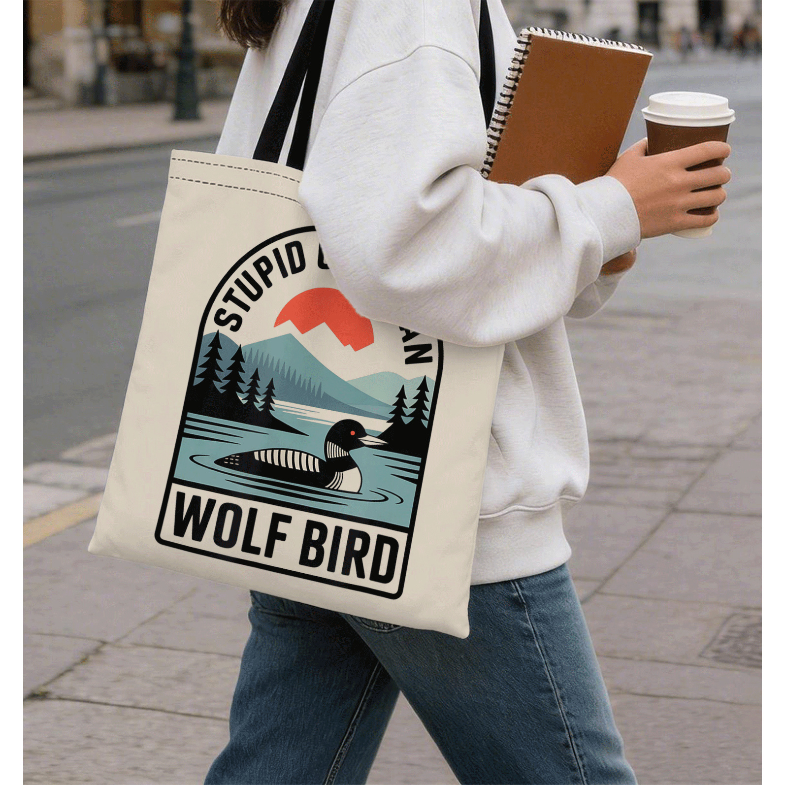 TEMU 1pc Funny Loon Bird Humour Quote Stupid Canadian Wolf Double-sided Print Tote Bag - Spacious Durable Handbag