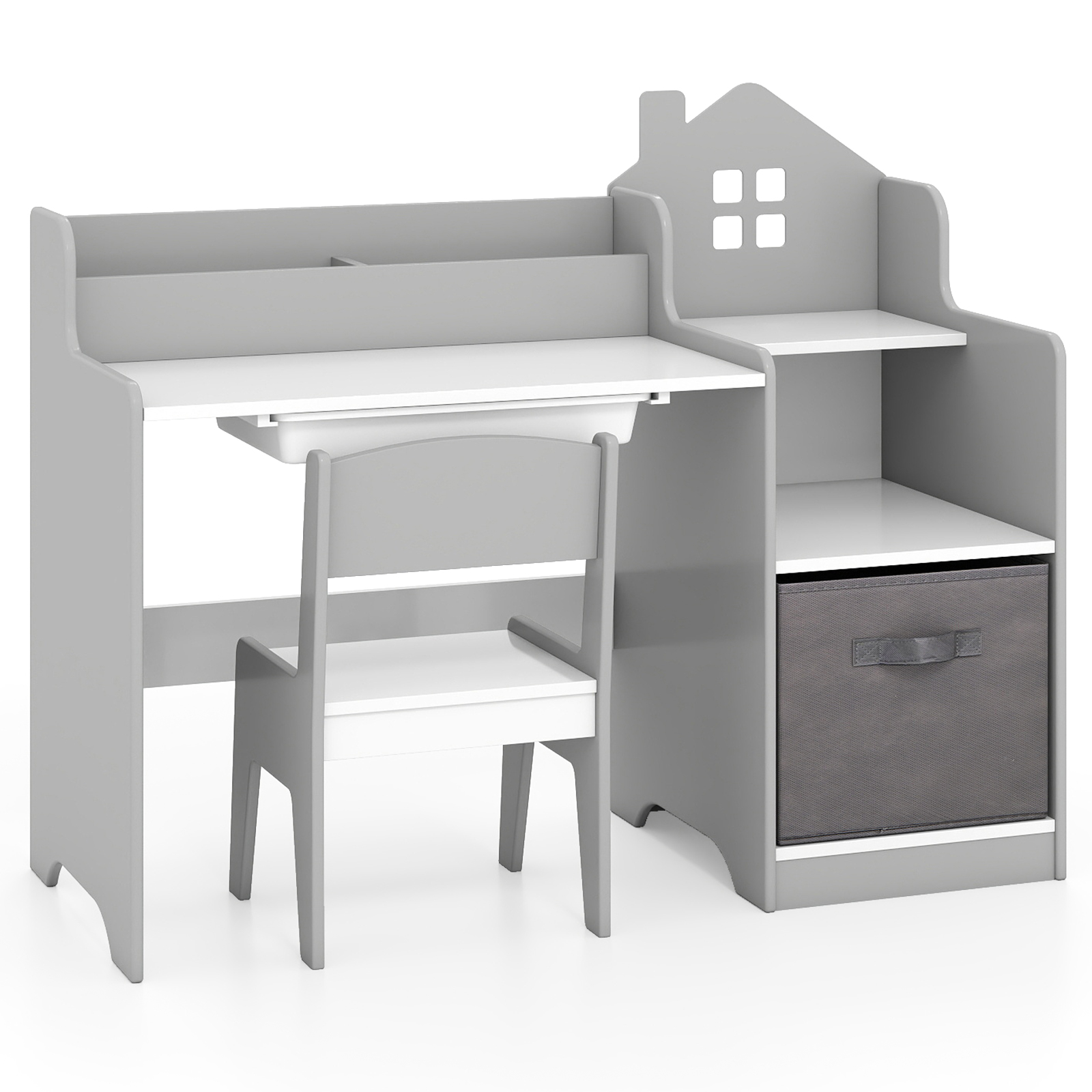 Image of Children's Desk, Children's Desk With Chair, Drawer, Open Shelves And Fabric Container, Student Desk Wood In House Shape, Youth Desk (grey)