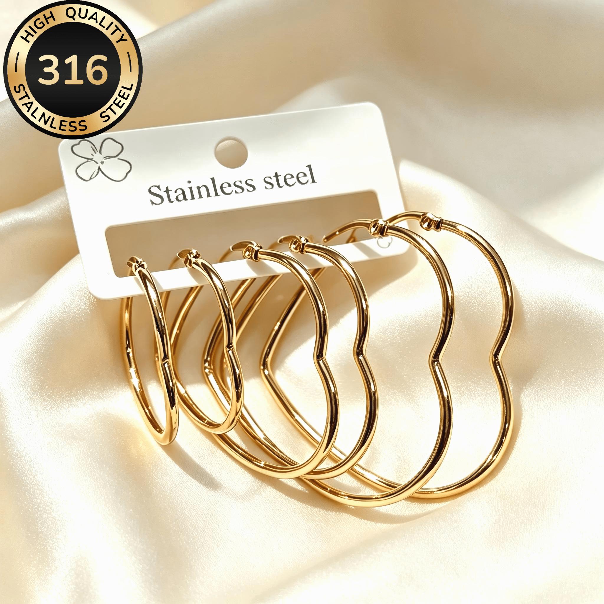 TEMU Lot de 3 paires de boucles d'oreilles en acier inoxydable doré de cœur, style doux et cool, parure de bijoux pour femme multi-tailles, boucles