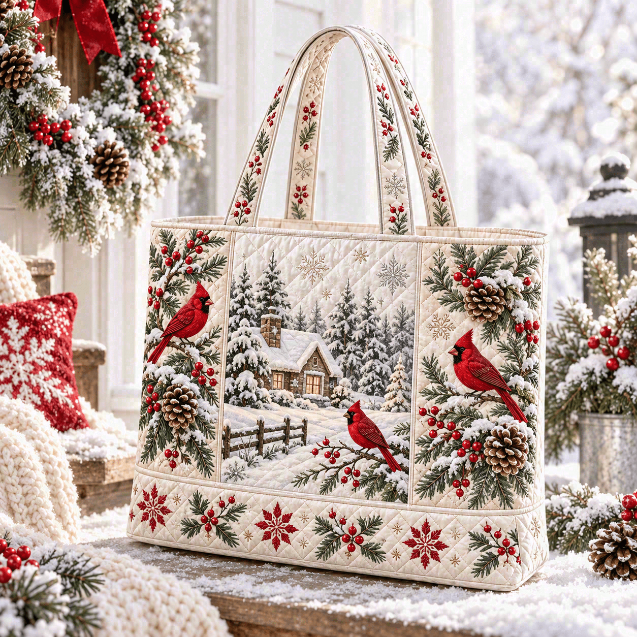 TEMU Women' Large Quilted Tote Bag Suitable For Winter Snowy Cabin Print Retro Zipper Closure, Reusable Fabric Bag With Snowy Cabin & Bird, Christmas