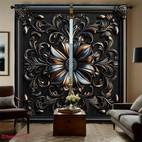 2pcs elegant black floral print curtains modern semi transparent polyester drapes with golden accents easy to hang rod for living room or bedroom decor bedroom decor floral pattern curtains durable fabric curtains for living room