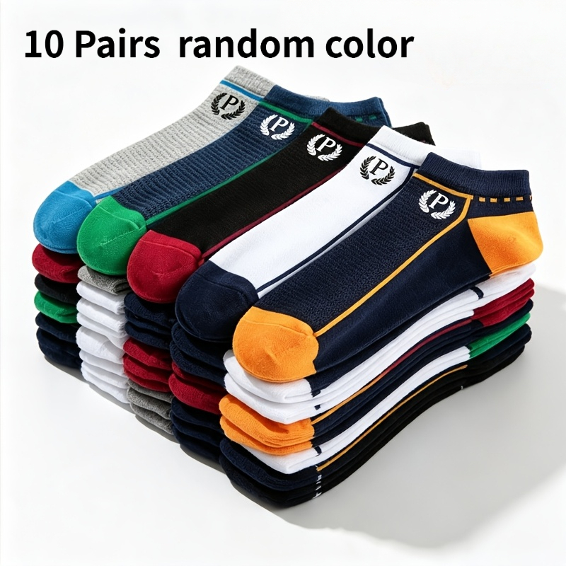 Image of 10 Pairs Random Color Block Men's "p" Letter Jacquard Ankle Socks, Spring/summer/autumn Mesh Breathable Athletic Boat Socks, Contrast Color Non-slip Heel Commuting Casual Socks