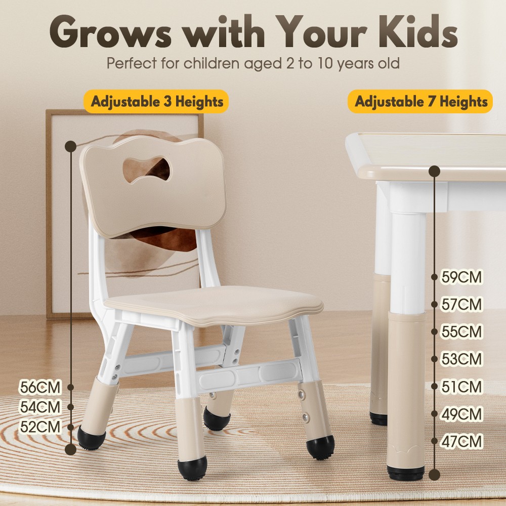 kids table and chair set 4 chairs height adjustable toddler table and chair set easy to wipe children activity table for daycare classrooms homes 120x60cm beige