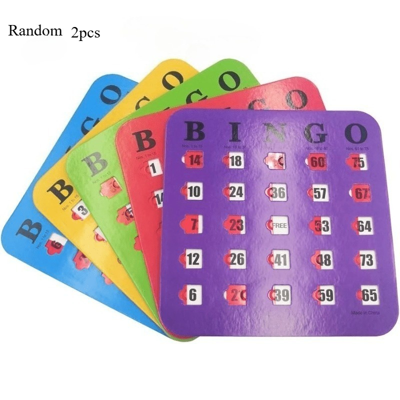 TEMU Cartes de Bingo à Rideaux Aléatoires 2pcs, Multicolores, Extra Épaisses, Couturées, Faciles à Lire avec Fenêtre Coulissante à Pointe d'Ongle
