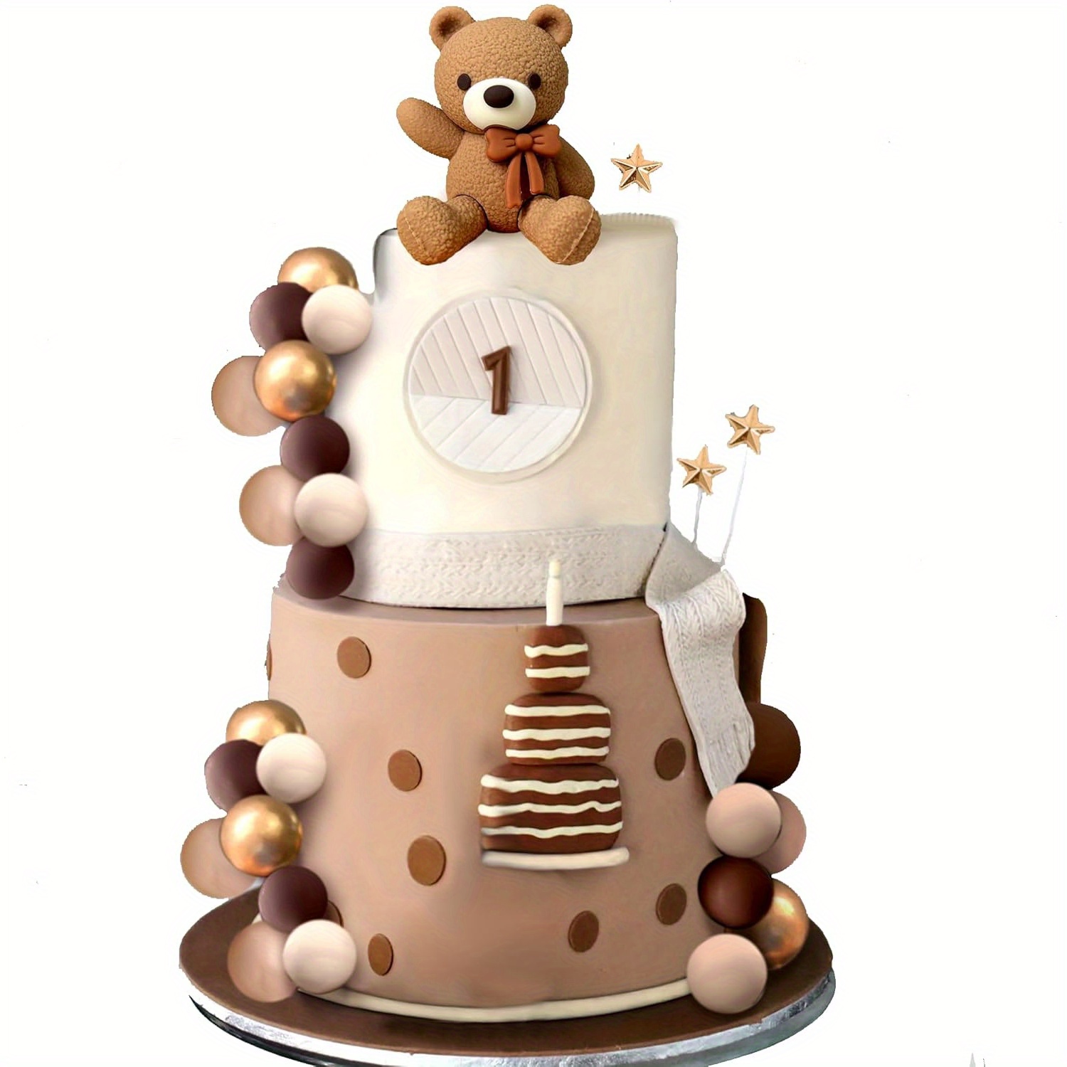 19 PCS Mini Brown Bear Cake Topper Set – Clay Teddy Bears, Gold Balls, Stars, Clouds For Birthday Decor