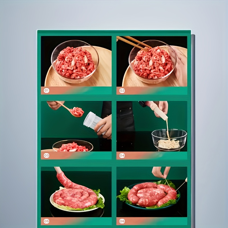 4 piezas de rellenador manual de salchichas, material plástico resistente, incluye 3 boquillas, ideal para hacer salchichas caseras, fiestas navideñas y uso en cocina, diseño fácil de limpiar, apto para todas las estaciones