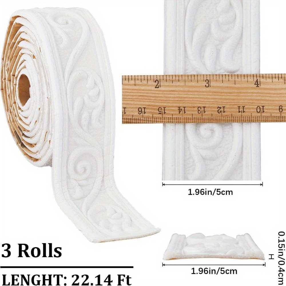 Image of 3 Rolls 266 X 2in Crown Molding Peel And Stick Foam White Self Adhesive Flexible Trim 3d Sticky Vintage Decorative Wallpaper Border Wall Edging Foam Baseboard Mirror Border Wall Lines Hotel Decor