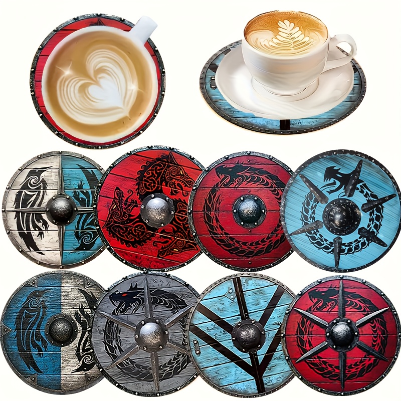 TEMU Posavasos planos 2D de madera, posavasos para café, posavasos para té, posavasos aislantes, juego completo de 8 posavasos de vikingo, protector
