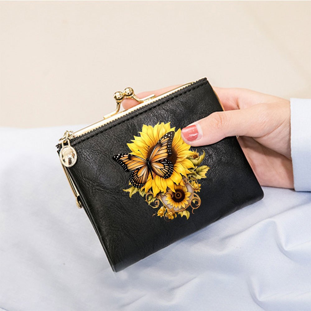 1pc vintage   sunflower print metal snap pu wallet small kiss lock coin purse portable card holder for women