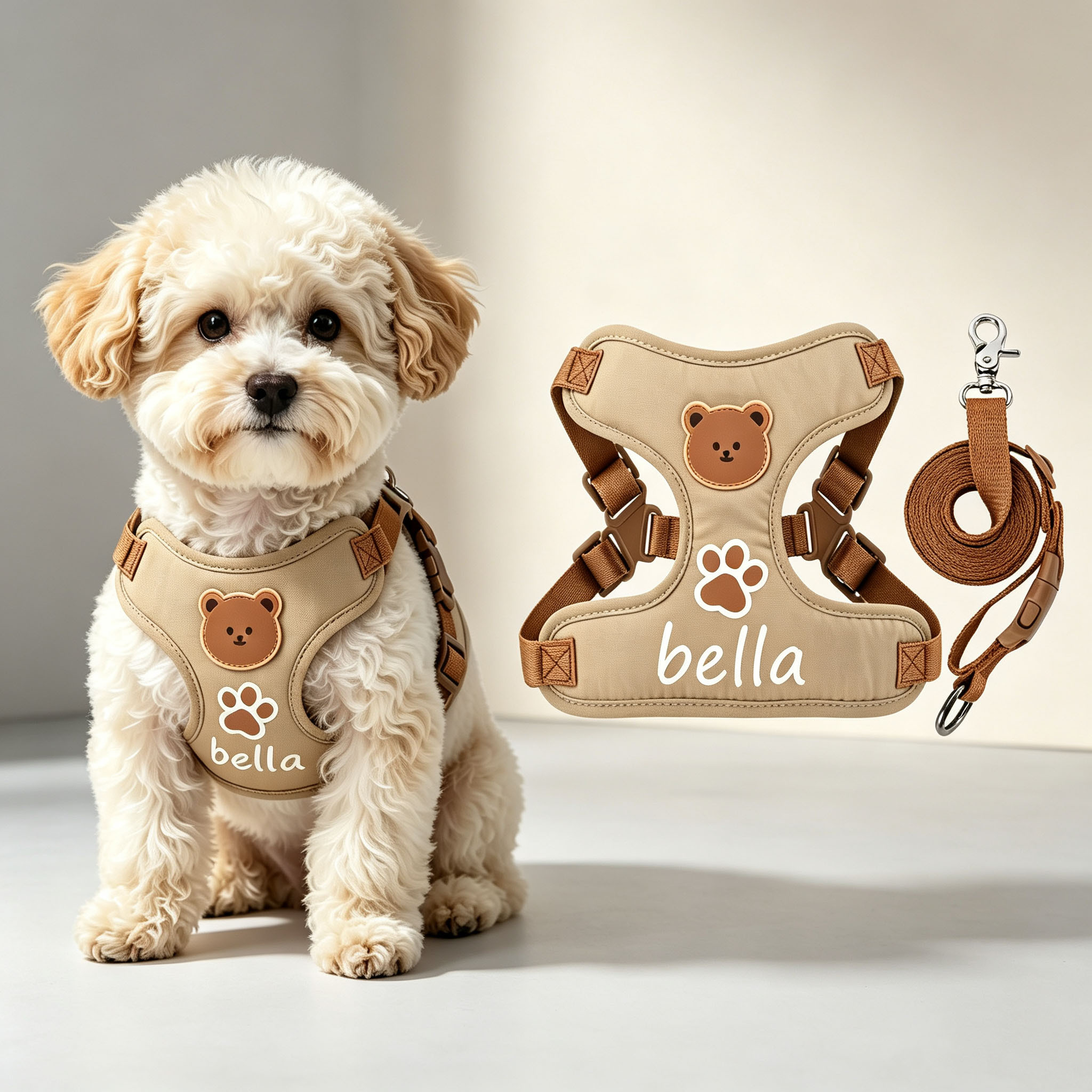 Solid Color Bear Pattern Dog Harness and Leash Set, Adjustable