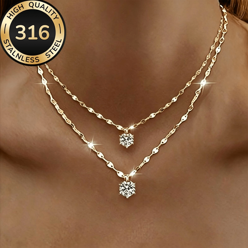 TEMU 2pcs Light Six-prong Synthetic Synthetic Cubic Zirconiaia Pendant Necklace, Lip-shaped Chain Necklace, Hypoallergenic, Fade-resistant, Versatile