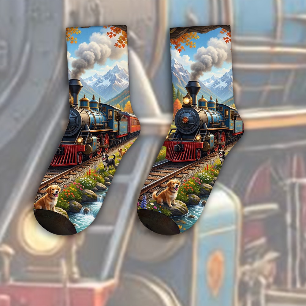TEMU A Unique Pair Of Socks Designed With Steam Train Dogs In Mountain Canyon For Women& Men, Sock | Ideal For Party Costume, Gifts, Daily Wear