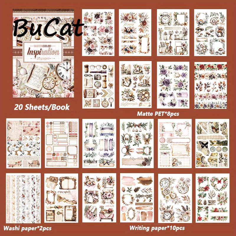 20sheets Large Size Inspiration Sticker Book Dual-material Clock Flower Washi Pet Stickers Set For Scrapbooking Decoration