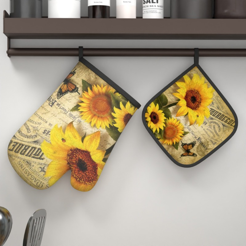 

2pcs Vintage Sunflower And Oven Mitts And Potholders Set, Heat Resistant Polyester Kitchen Accessories For Cooking, Baking, Grilling, Broiling, Microwaving - Machine Washable