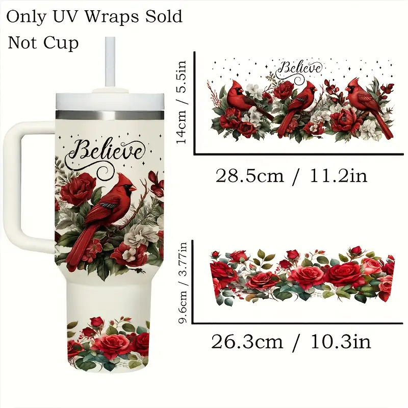 TEMU 2pcs Set Of Red And Red Rose Floral Pattern Uv Dtf Transfer Sheets, Suitable For 40oz Glass Tumbler - Waterproof Scratch-resistant Decoration