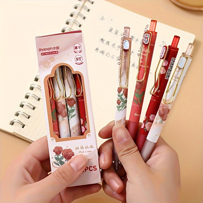 TEMU 4pcs Red Rose Retractable Push-button Pen Set, Quick-drying, A Gift For Girls, 0.5mm Tip, Black Ink, , School And Office Supplies, Study