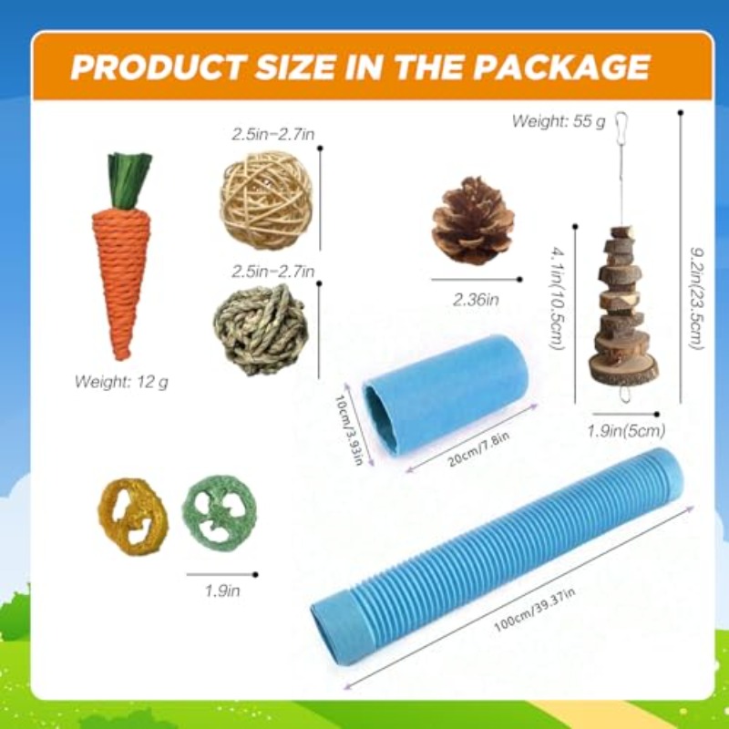 SUSOO 9pcs Set of Toys for Hamsters, Featuring Safe Natural Chew Items And an Expandable Play Tunnel, Designed for The Dental Care of Hedgehogs, Rats, Chinchillas, And Guinea Pigs, Perfect for Foraging in Small Animal Cages