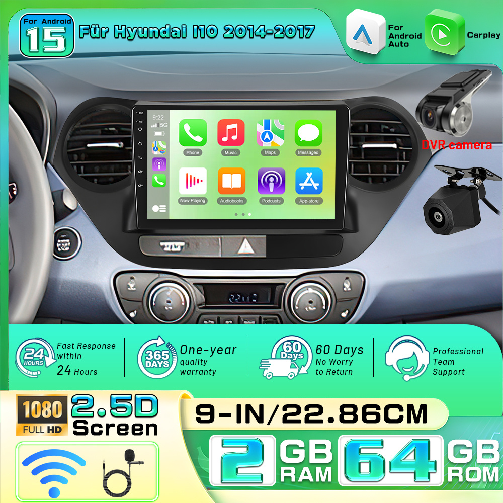 Image of For I10 Car Radio Suitable For Left-hand Drive 2014-2017, 15 With & Auto, 9-inch Gps Navigation, Wifi Rds Fm Stereo, Steering Wheel Control, , Reversing Camera & Dvr, Dvr Camera + Car Frame