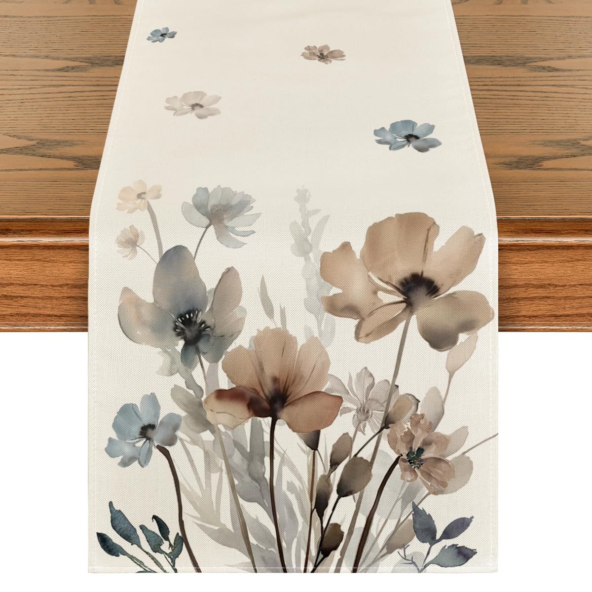 

1pc Elegant Spring Floral Table Runner - Brown With Blue, Pink, And Flowers, Watercolor Style, Polyester, Machine-woven For Indoor & Outdoor Dining Decor, Flower Decor