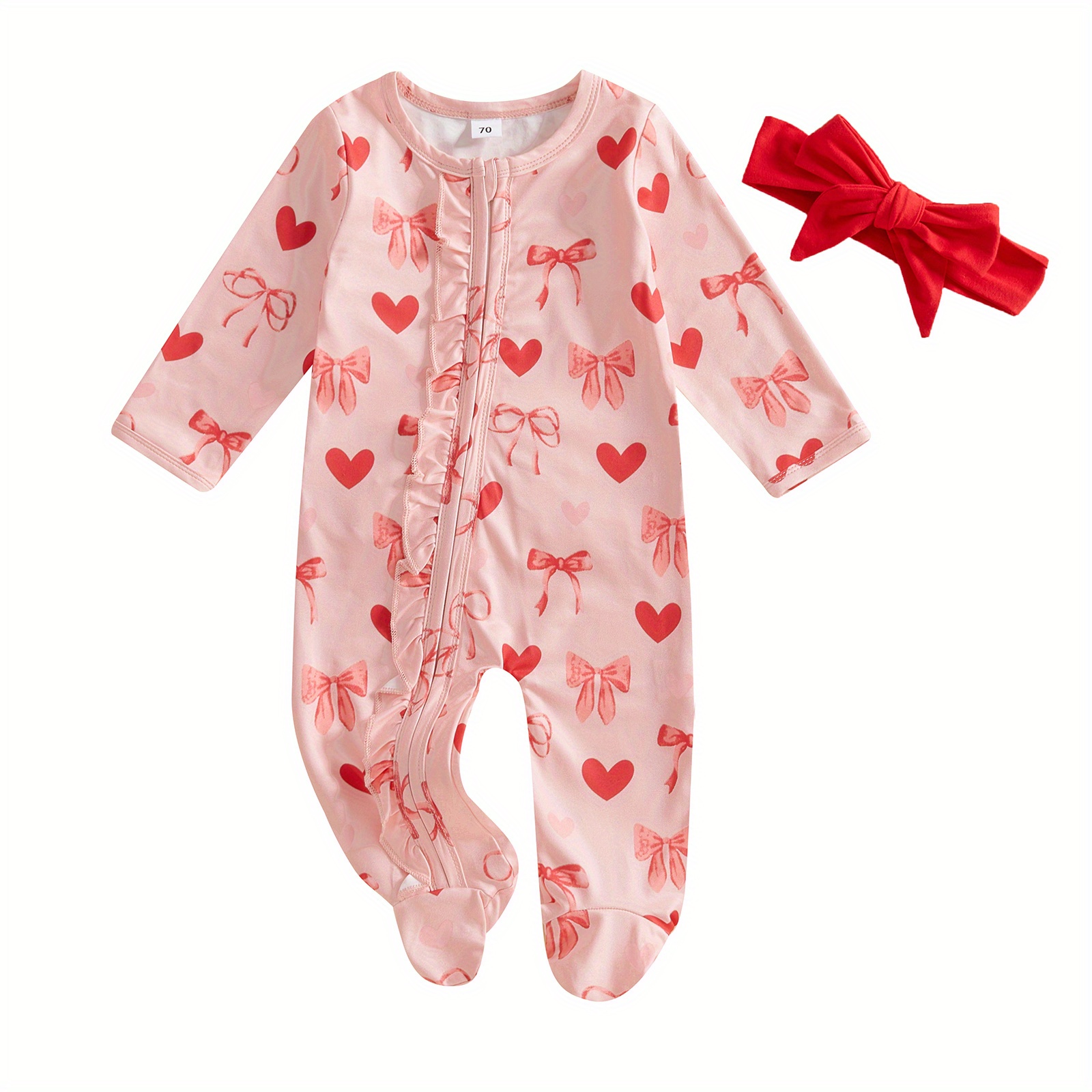 

Baby Girl Valentines Day Outfits Long Sleeve Heart Bow Print Ruffle Jumpsuit With Headband Set Newborn Clothes, For Outdoor
