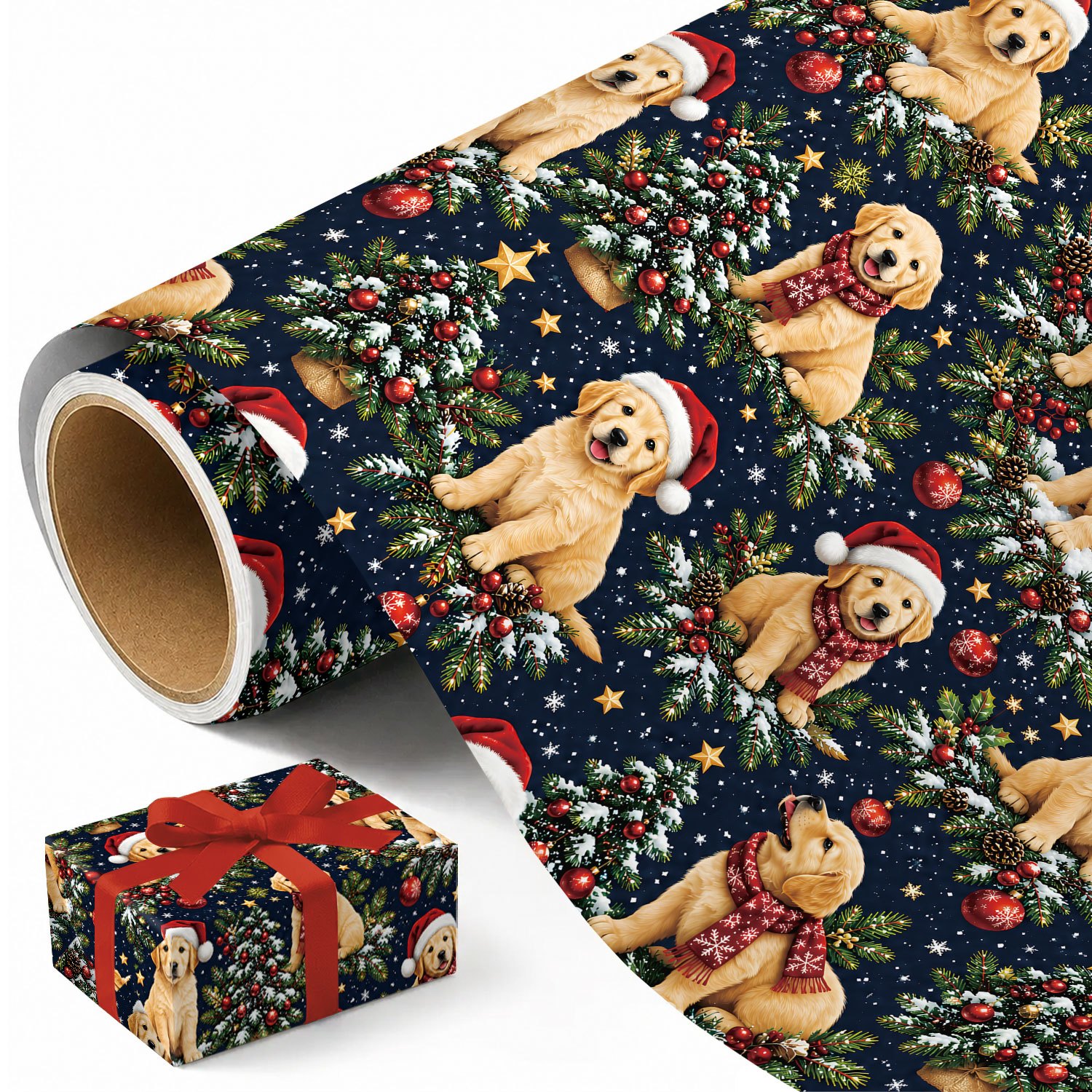 TEMU 1 Rolle Hunde Weihnachtsgeschenkpapier, 17.7In X 118In, Niedliches Golden Retriever Weihnachtsgeschenkpapier mit Weihnachtsmütze, Kranz und