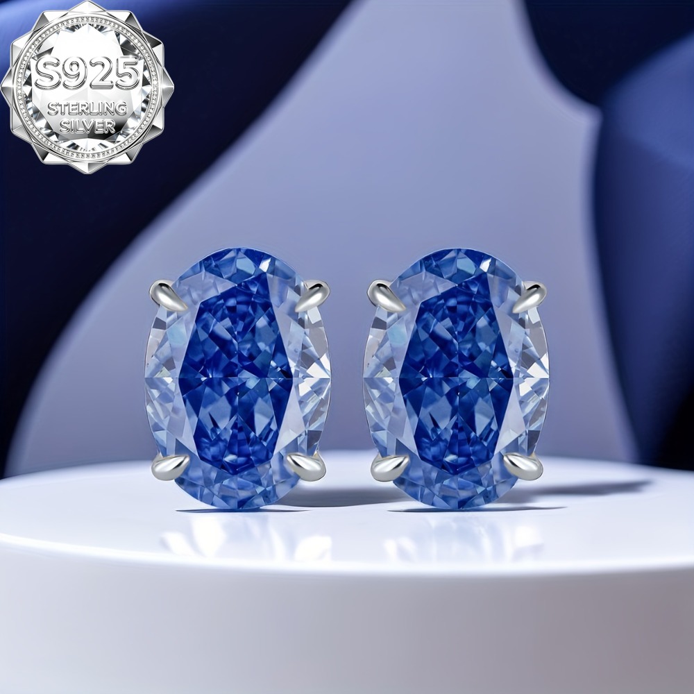 TEMU 1 Pair S925 Pure Silvery Oval Stud Earrings 4 Prong Carving Royal Blue Moissanite 8 X 10mm Women's Earrings