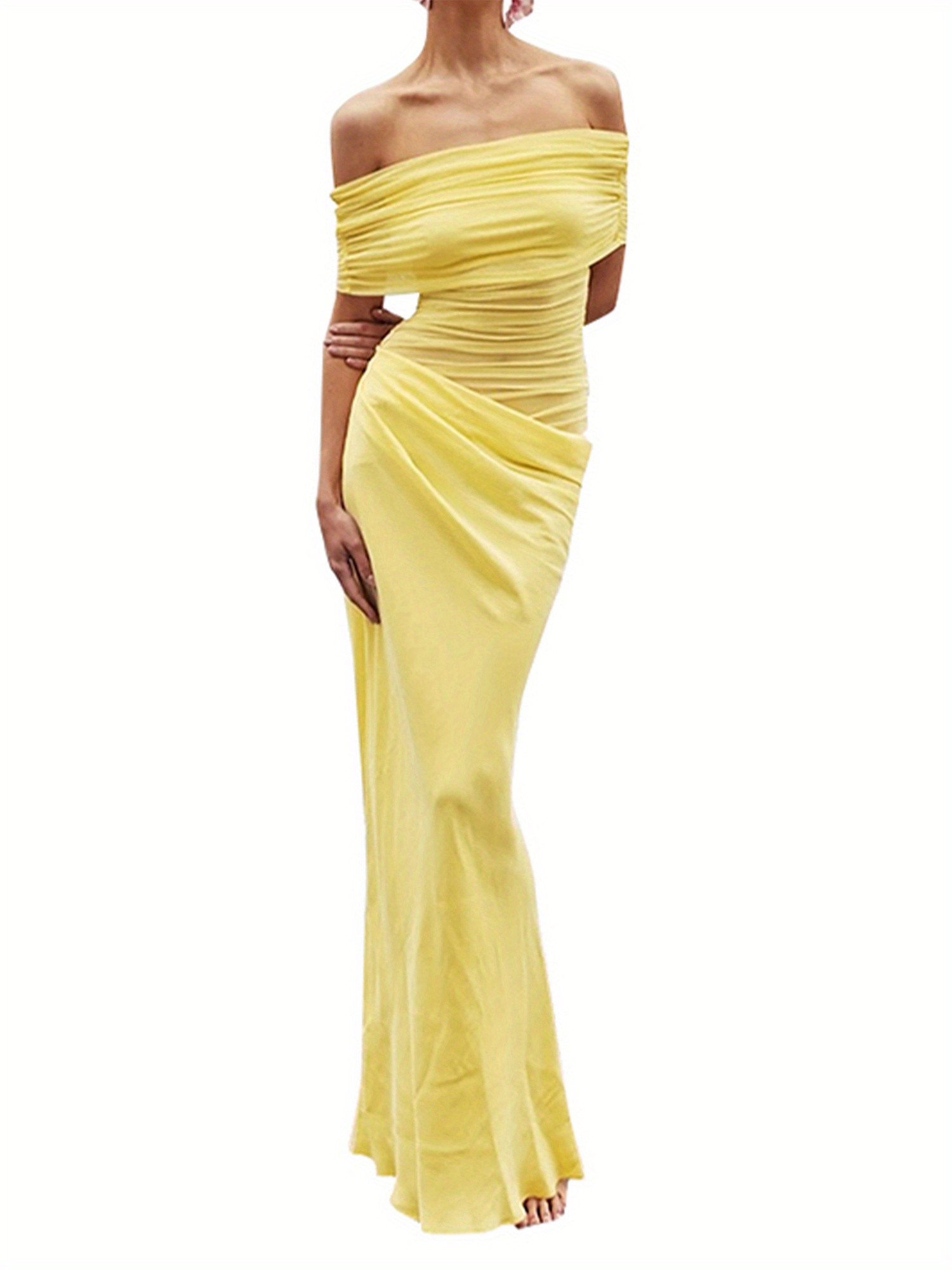 women's elegant off-shoulder boat neck bodycon dress - solid color long  sleeve semi-sheer maxi dress with mesh panel, fitted top & flowy hem for  spring summer fall, machine washable, formal evening wear |
