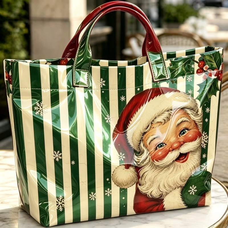TEMU Vintage Santa Claus Striped Holly Christmas Print Tote Bag, Large-capacity Handbag, Casual Everyday Shoulder Bag, Suitable For Work, Beach, And