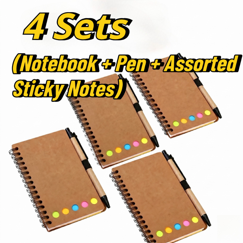 TEMU Kit de 4 juegos de cuadernos de y bolígrafos de bambú, cubiertas de papel , con notas adhesivas aleatorios y pestañas de páginas coloridas