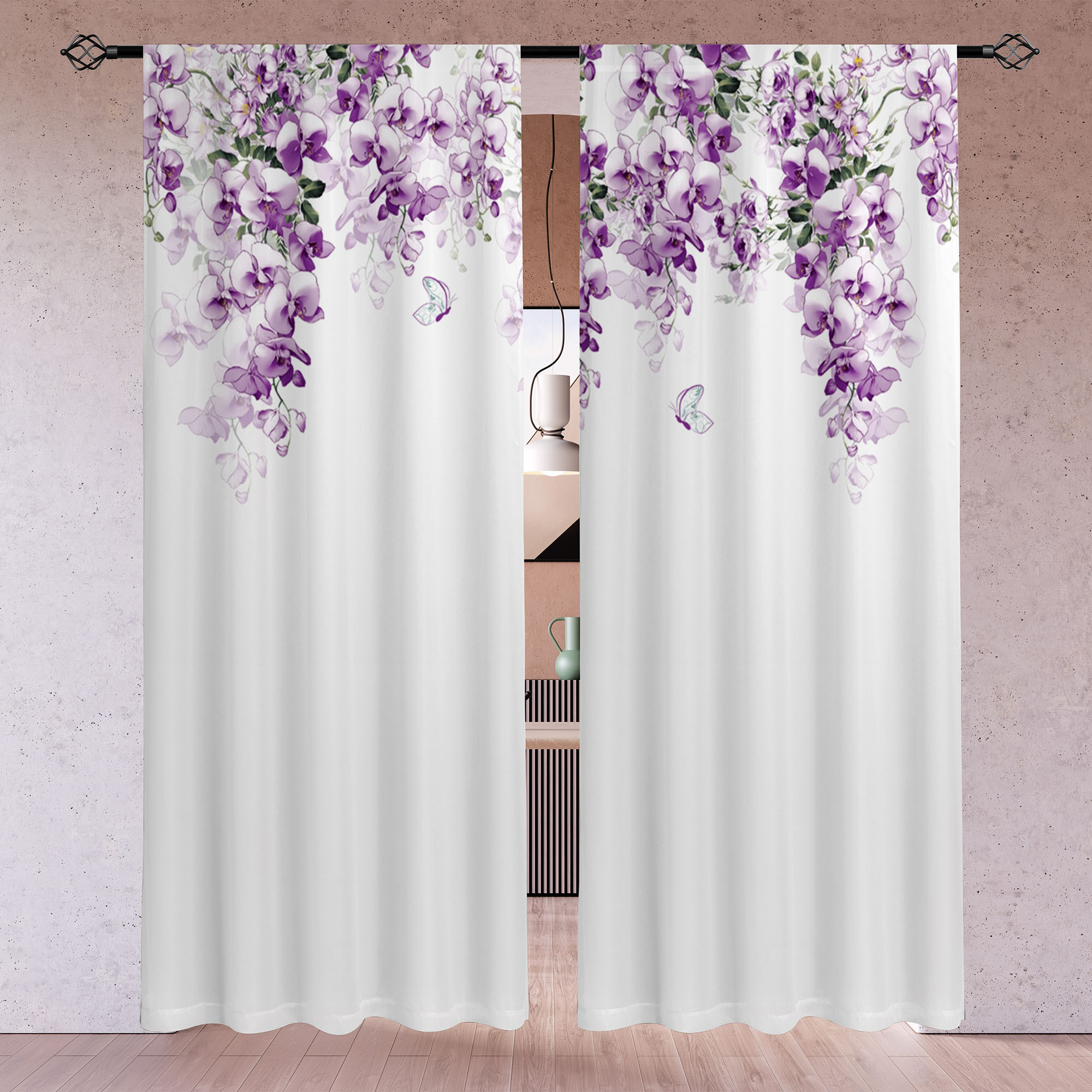 TEMU 2pcs Purple Wisteria & Blackout Curtains - Elegant Polyester Drapes With Floral Print, Rod For Living Room, Bedroom, Or Game Room Decor, Machine